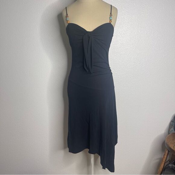 Vintage 90s Express Dress Asymmetrical Black Beaded Bow Boho Vacation MIDI - Picture 4 of 9